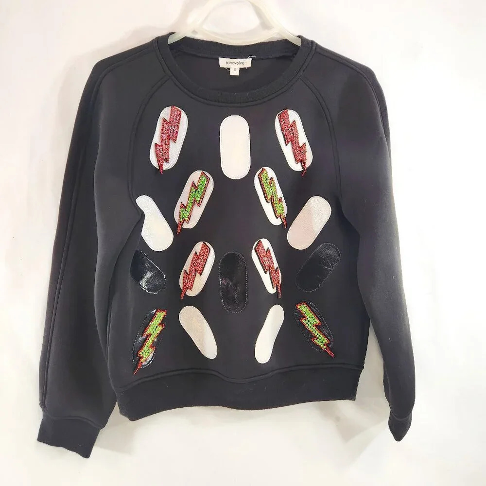 Innvolve Black Sweatshirt w/ Sparkly Lightning Bolts Clouds Size Small